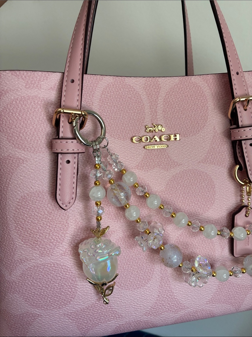Iridescent White Beaded Rose Charm Keychain Bag Chain - Picture 3 of 3